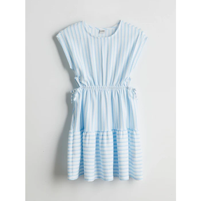 LCW Kids Beyaz Bisiklet Yaka Çizgili Kız Çocuk Elbise