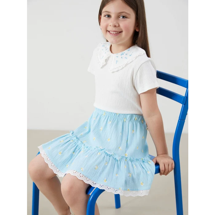 LCW Kids Ekru Çiçekli Kız Çocuk Bluz ve Etek 2li