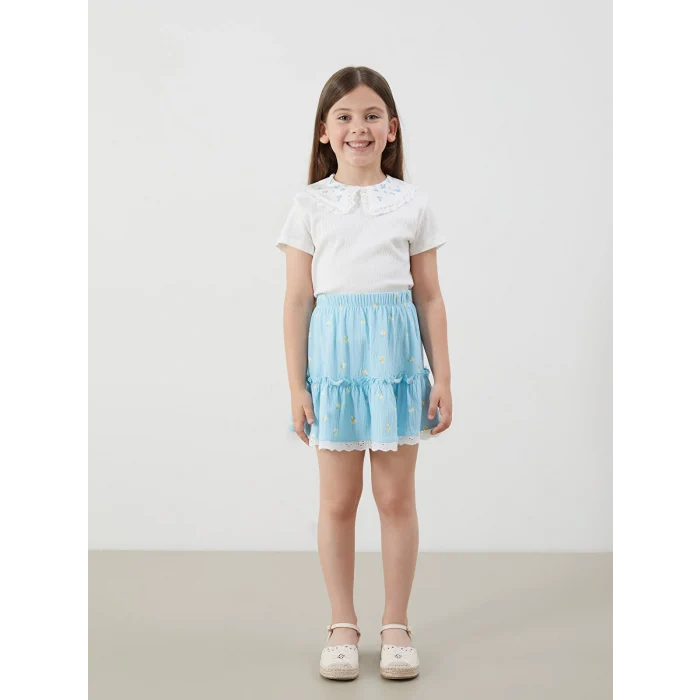 LCW Kids Ekru Çiçekli Kız Çocuk Bluz ve Etek 2li