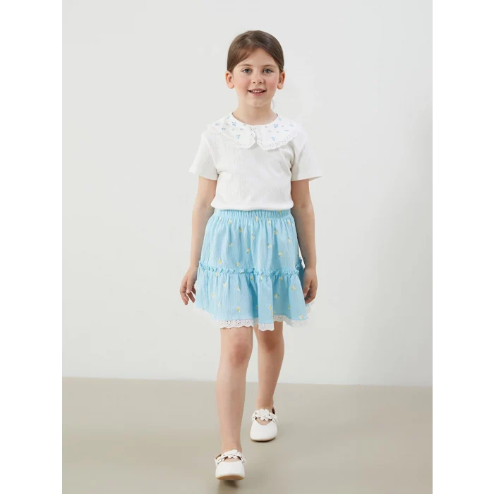 LCW Kids Ekru Çiçekli Kız Çocuk Bluz ve Etek 2li