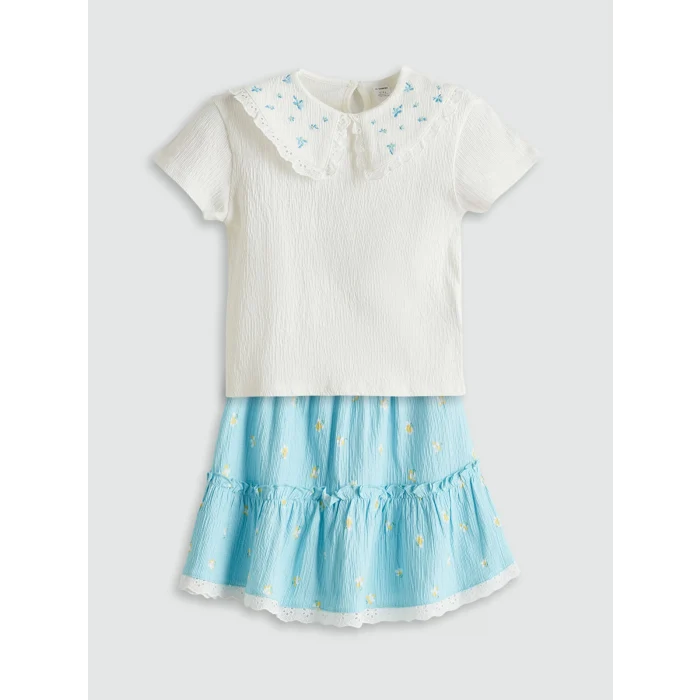 LCW Kids Ekru Çiçekli Kız Çocuk Bluz ve Etek 2li