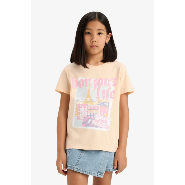 Defacto E0350 Turuncu Kız Çocuk Bisiklet Yaka Baskılı Kısa Kollu Tişört