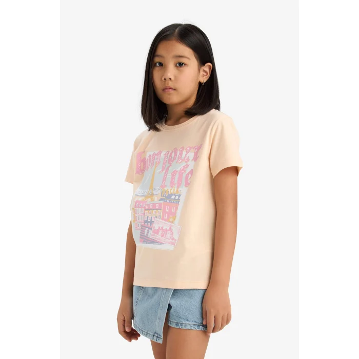Defacto E0350 Turuncu Kız Çocuk Bisiklet Yaka Baskılı Kısa Kollu Tişört