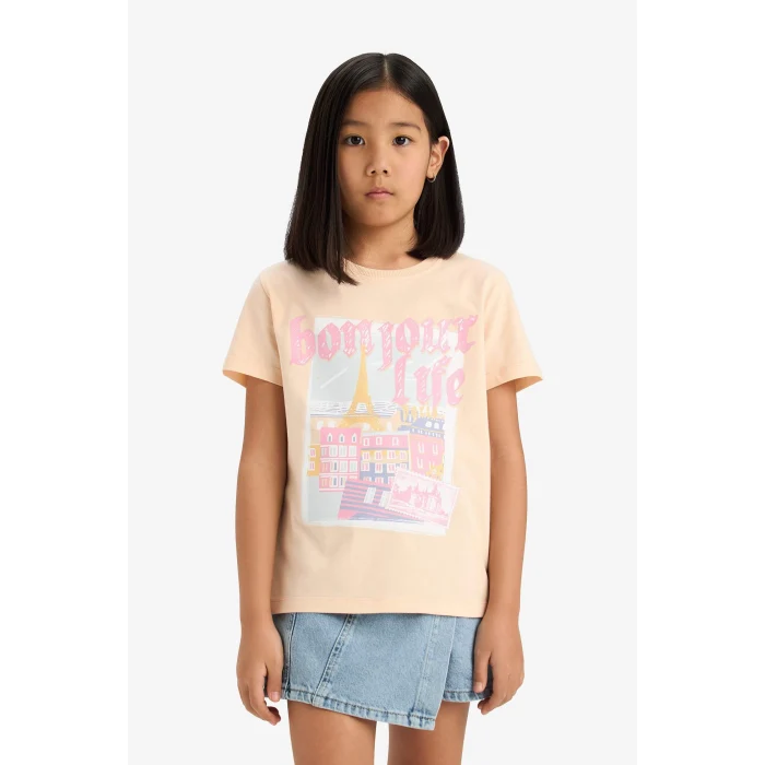 Defacto E0350 Turuncu Kız Çocuk Bisiklet Yaka Baskılı Kısa Kollu Tişört