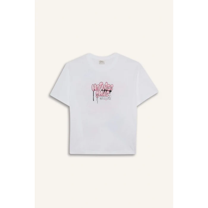 Defacto E0367 Beyaz Kız Çocuk Oversize Geniş Kalıp Bisiklet Yaka Sırt Baskılı Kısa Kollu Tişört