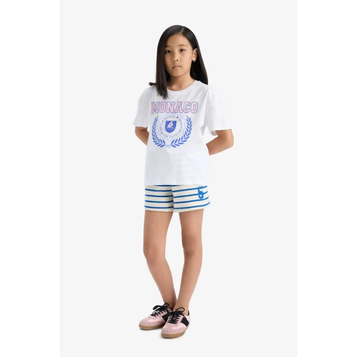 Defacto A2466 Mavi Kız Çocuk Beli Lastikli Çizgili Şort