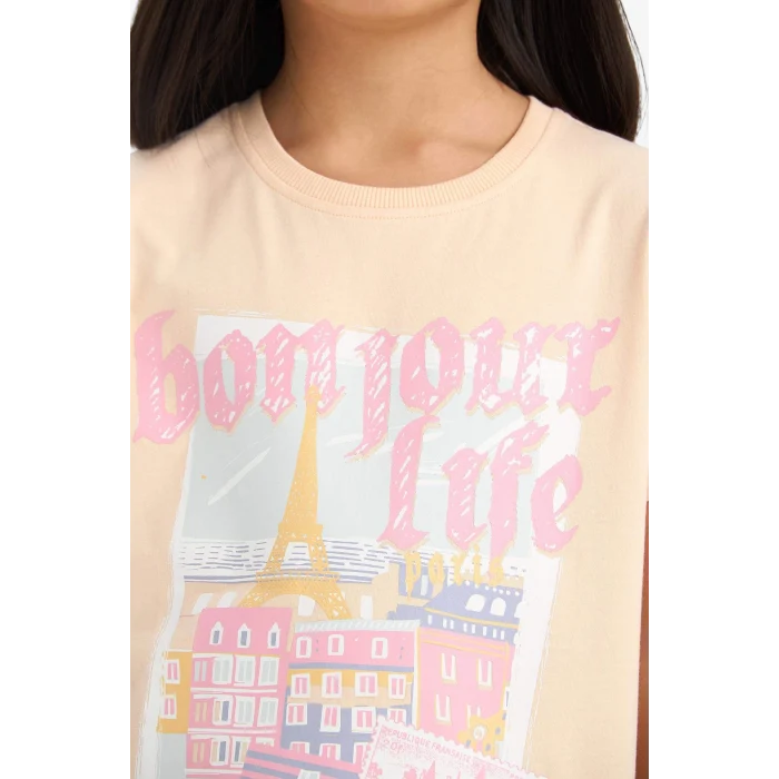 Defacto E0350 Turuncu Kız Çocuk Bisiklet Yaka Baskılı Kısa Kollu Tişört