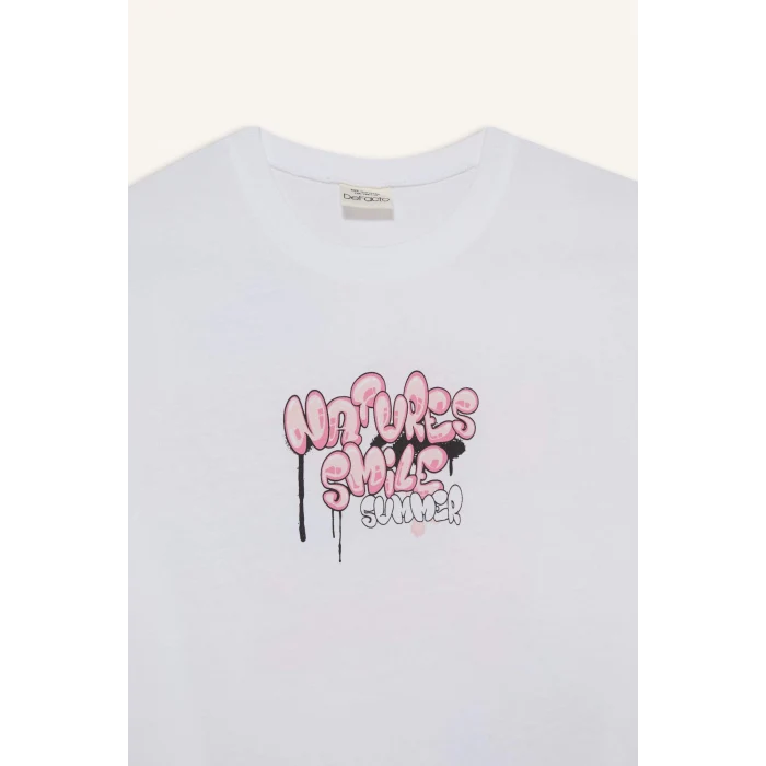 Defacto E0367 Beyaz Kız Çocuk Oversize Geniş Kalıp Bisiklet Yaka Sırt Baskılı Kısa Kollu Tişört