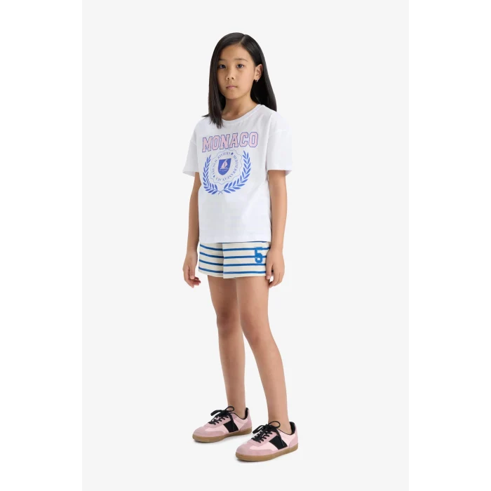 Defacto A2466 Mavi Kız Çocuk Beli Lastikli Çizgili Şort