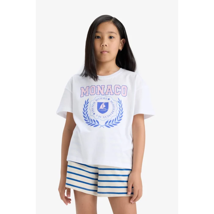 Defacto A2466 Mavi Kız Çocuk Beli Lastikli Çizgili Şort