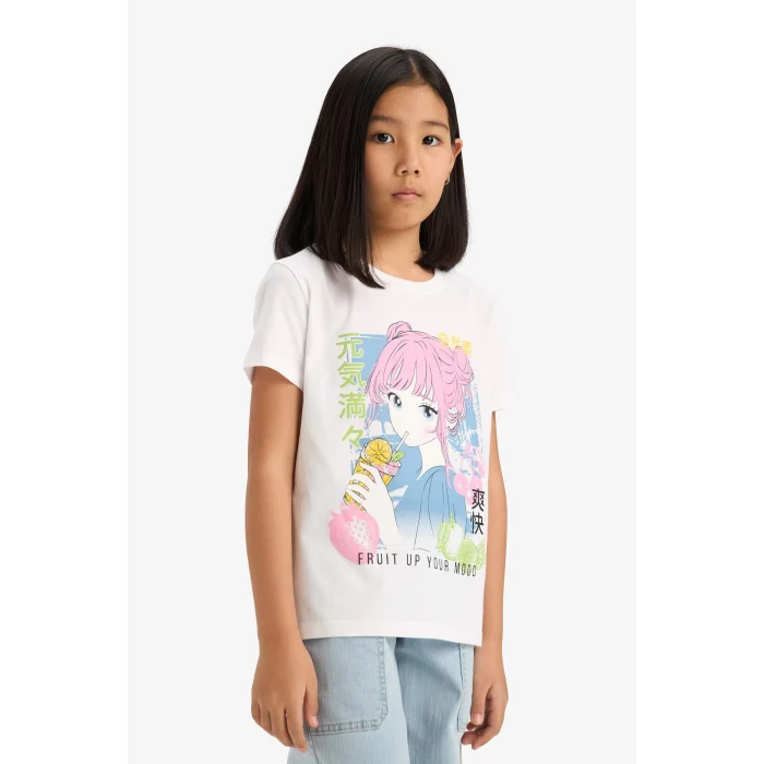 Defacto E0350 Beyaz Kız Çocuk Bisiklet Yaka Anime Baskılı Kısa Kollu Tişört
