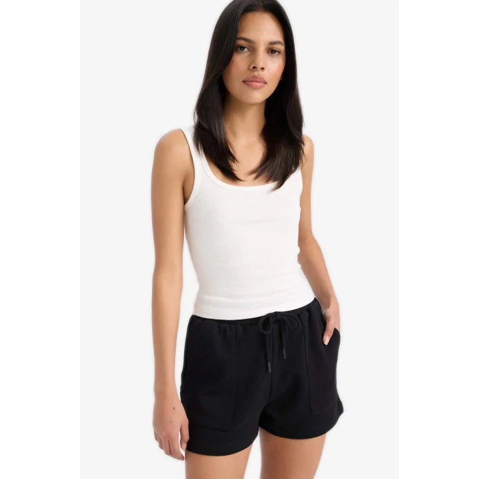 Defacto D3327 Siyah Regular Fit Esnek Belli Bağcıklı Bermuda Şort