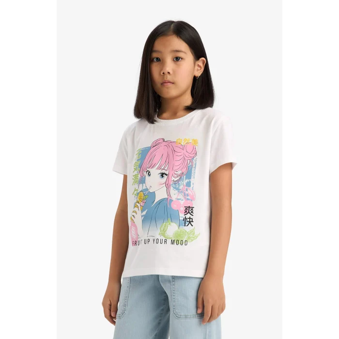 Defacto E0350 Beyaz Kız Çocuk Bisiklet Yaka Anime Baskılı Kısa Kollu Tişört