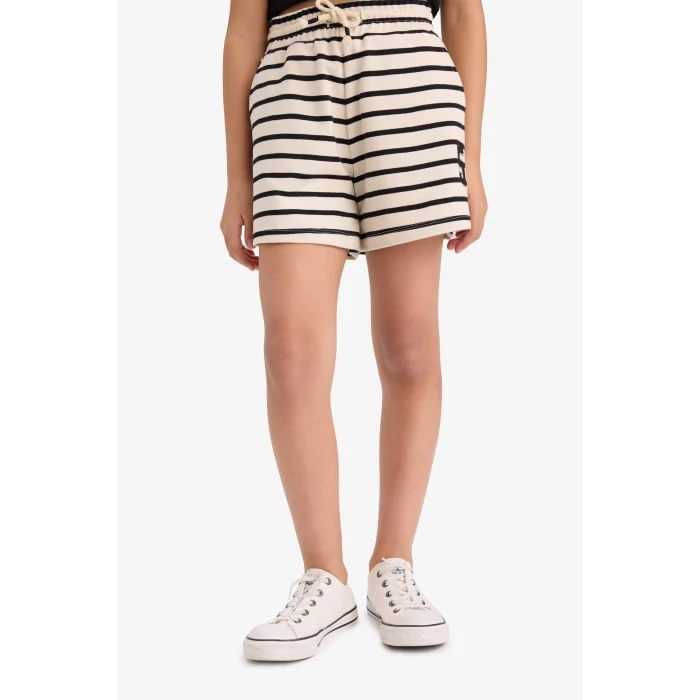 Defacto A2466 Siyah Kız Çocuk Beli Lastikli Çizgili Şort