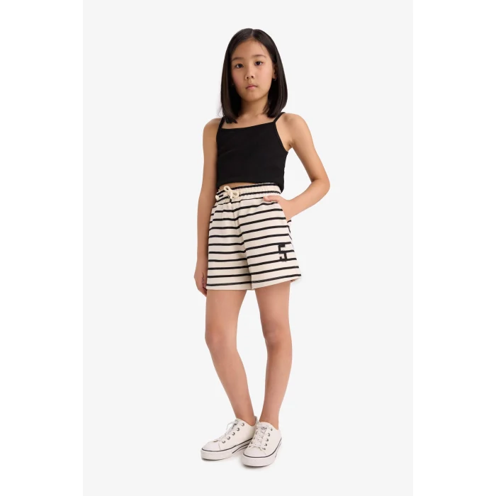 Defacto A2466 Siyah Kız Çocuk Beli Lastikli Çizgili Şort