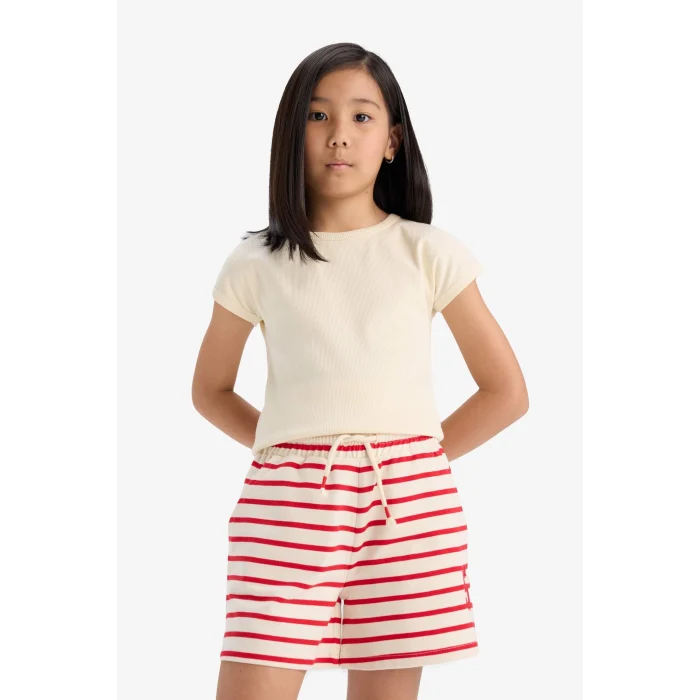 Defacto A2466 Kırmızı Kız Çocuk Beli Lastikli Çizgili Şort