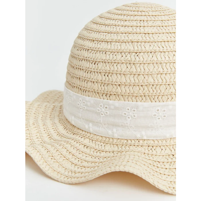 LCW baby Bej Şerit Detaylı Kız Bebek Hasır Şapka