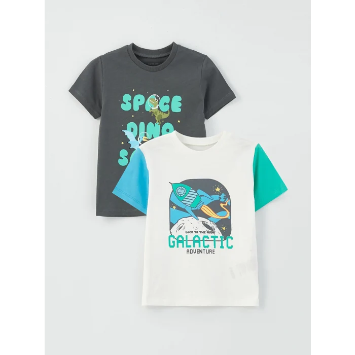 LCW baby Ekru Bisiklet Yaka Kısa Kollu Baskılı Erkek Bebek Tişört 2li