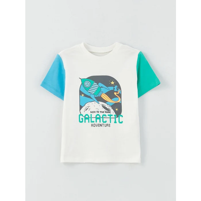 LCW baby Ekru Bisiklet Yaka Kısa Kollu Baskılı Erkek Bebek Tişört 2li