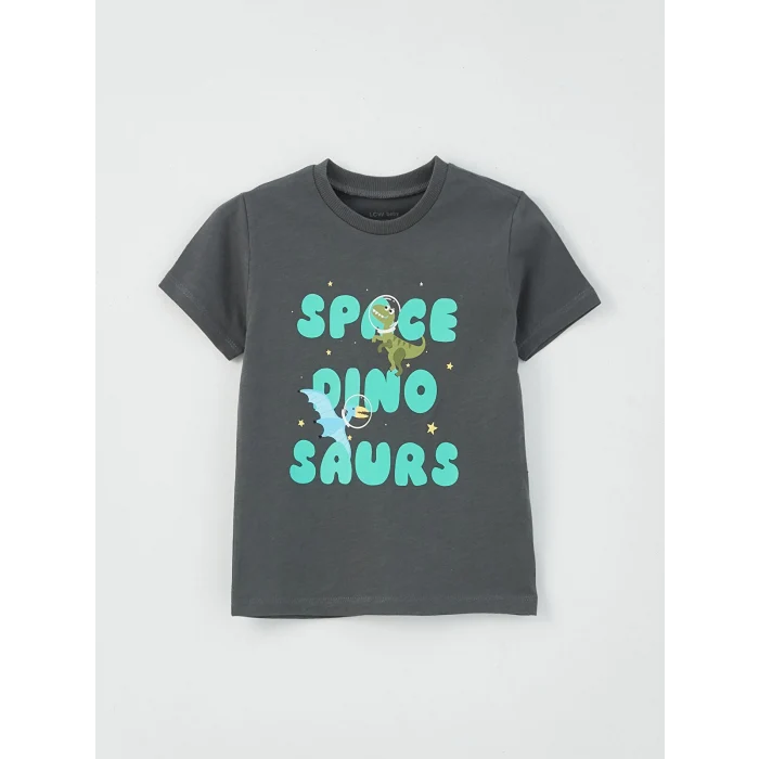 LCW baby Ekru Bisiklet Yaka Kısa Kollu Baskılı Erkek Bebek Tişört 2li