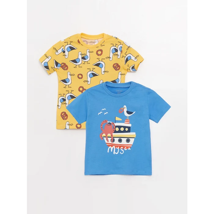 LCW baby Mavi Bisiklet Yaka Kısa Kollu Baskılı Erkek Bebek Tişört 2li