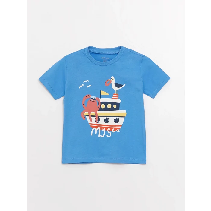 LCW baby Mavi Bisiklet Yaka Kısa Kollu Baskılı Erkek Bebek Tişört 2li