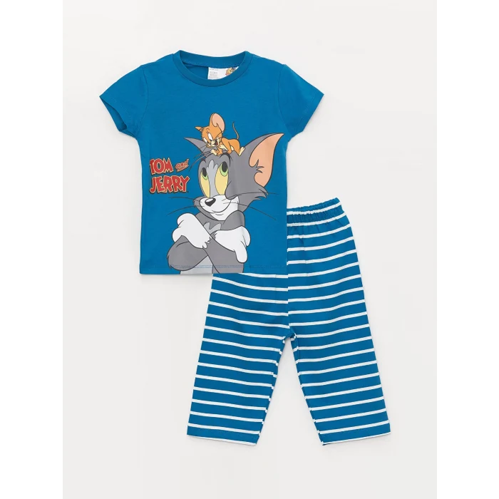 LCW baby Petrol Bisiklet Yaka Kısa Kollu Tom ve Jerry Baskılı Erkek Bebek Pijama Takımı