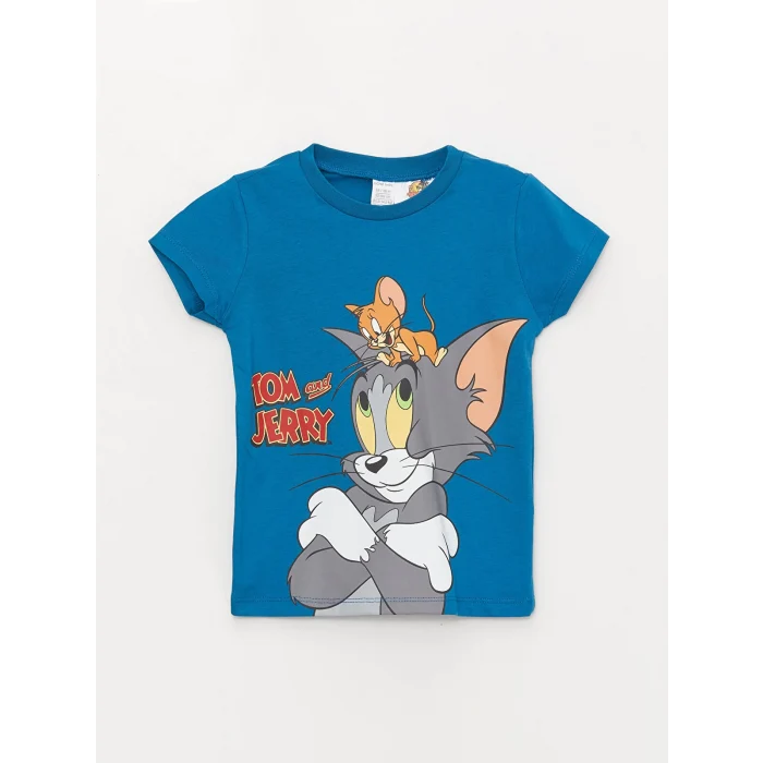 LCW baby Petrol Bisiklet Yaka Kısa Kollu Tom ve Jerry Baskılı Erkek Bebek Pijama Takımı