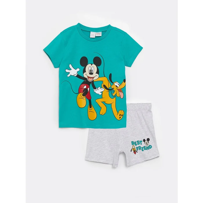 LCW baby Yeşil Bisiklet Yaka Kısa Kollu Mickey Mouse Baskılı Erkek Bebek Pijama Takımı