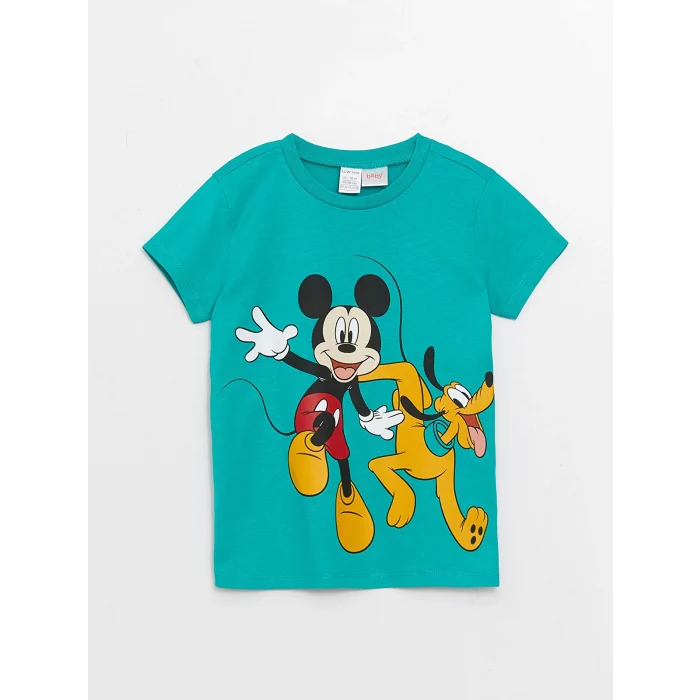 LCW baby Yeşil Bisiklet Yaka Kısa Kollu Mickey Mouse Baskılı Erkek Bebek Pijama Takımı
