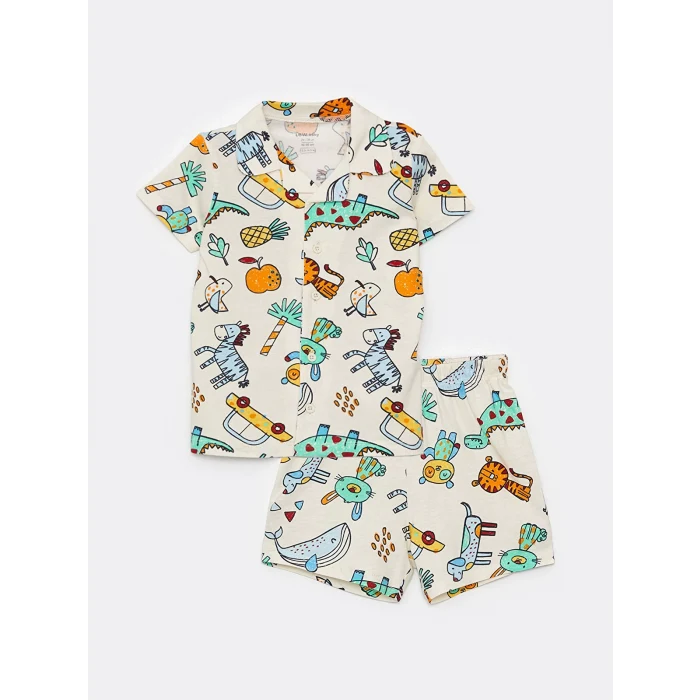 LCW baby Ekru Polo Yaka Kısa Kollu Desenli Erkek Bebek Pijama Takımı
