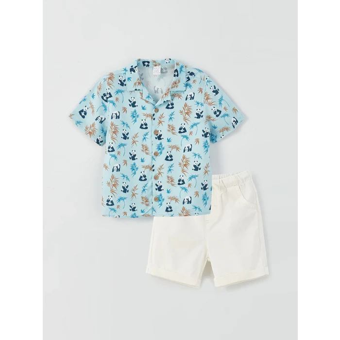LCW baby Mavi Desenli Kısa Kollu Erkek Bebek Gömlek ve Şort 2li Takım