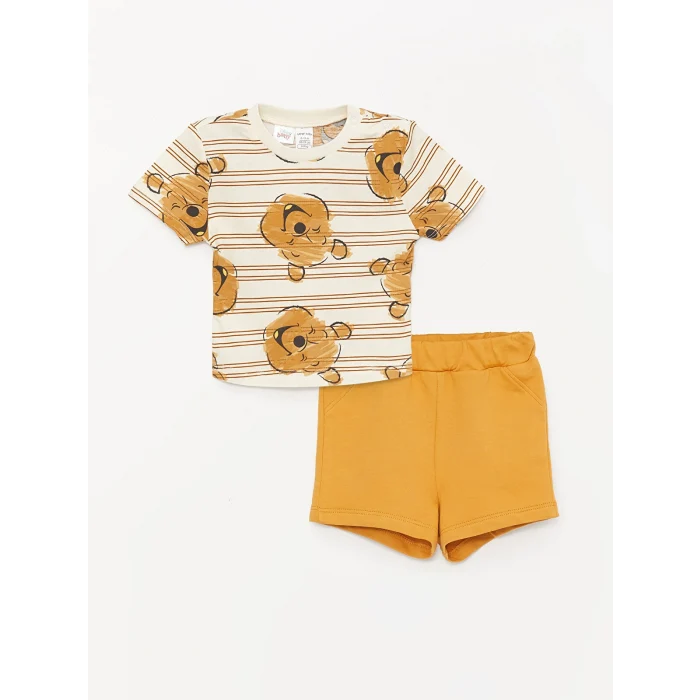 LCW baby Bej Bisiklet Yaka Kısa Kollu Winnie the Pooh Erkek Bebek Tişört ve Şort 2li Takım
