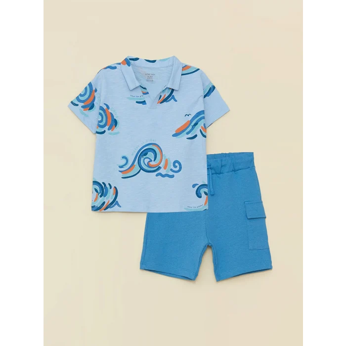 LCW baby Mavi Polo Yaka Kısa Kollu Baskılı Erkek Bebek Tişört ve Şort 2li Takım