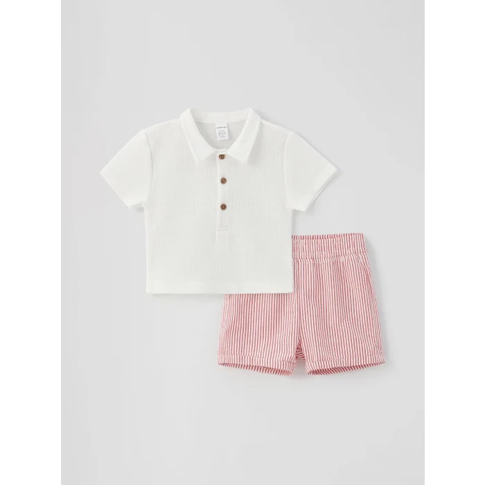 LCW baby Ekru Polo Yaka Kısa Kollu Erkek Bebek Tişört ve Şort 2li Takım