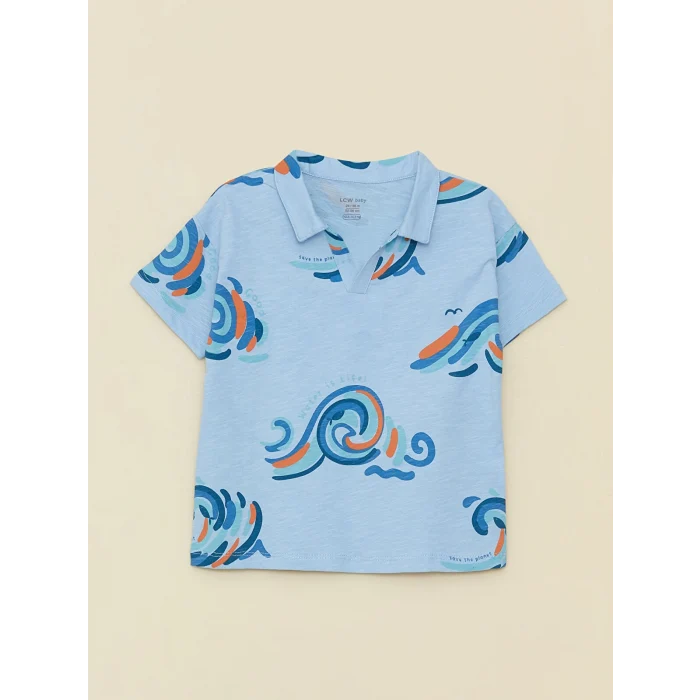 LCW baby Mavi Polo Yaka Kısa Kollu Baskılı Erkek Bebek Tişört ve Şort 2li Takım