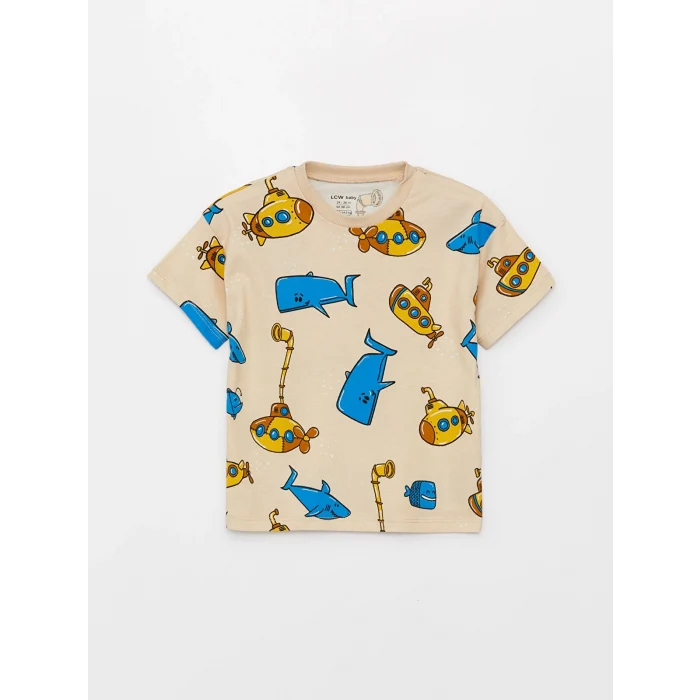 LCW baby Bej Bisiklet Yaka Kısa Kollu Baskılı Erkek Bebek Tişört ve Şort 2li Takım