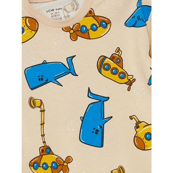 LCW baby Bej Bisiklet Yaka Kısa Kollu Baskılı Erkek Bebek Tişört ve Şort 2li Takım