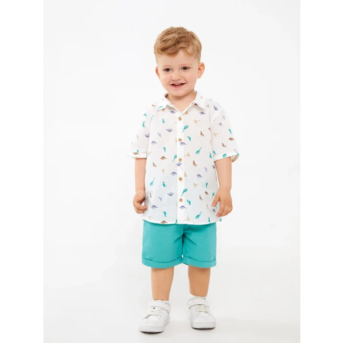 LCW baby Ekru Desenli Kısa Kollu Erkek Bebek Gömlek ve Şort 2li Takım