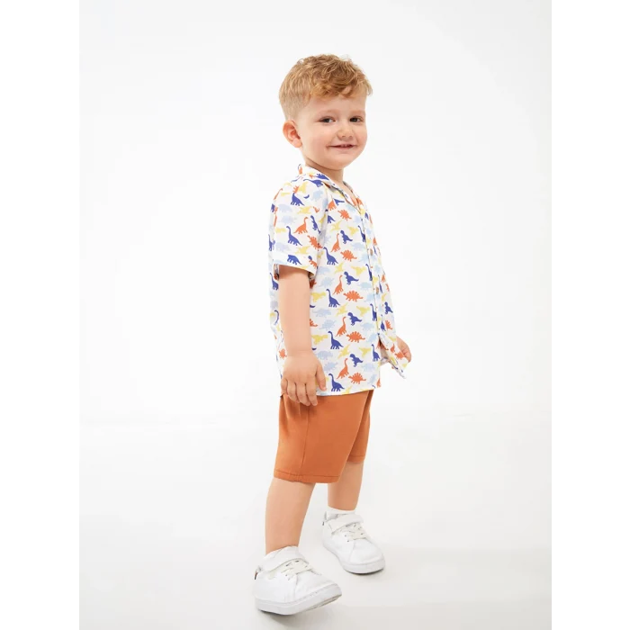 LCW baby Beyaz Desenli Kısa Kollu Erkek Bebek Gömlek ve Şort 2li Takım
