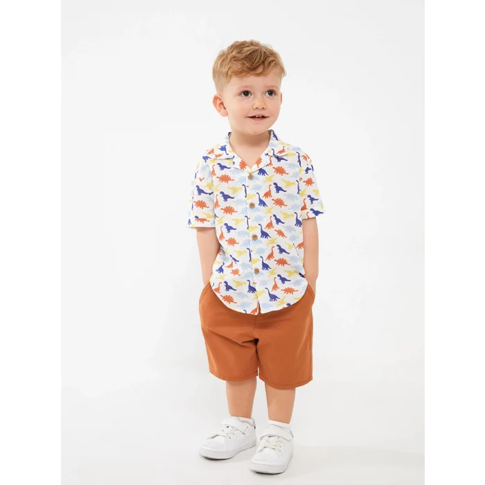 LCW baby Beyaz Desenli Kısa Kollu Erkek Bebek Gömlek ve Şort 2li Takım