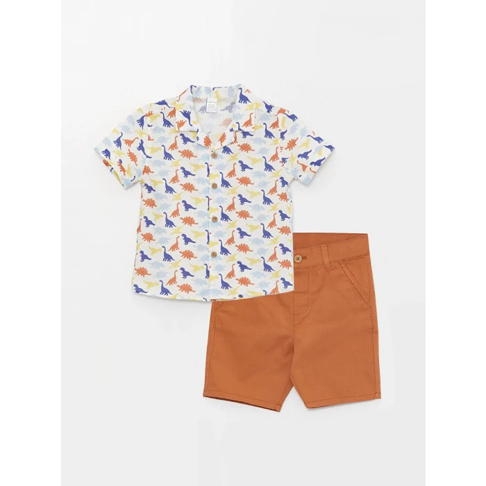 LCW baby Beyaz Desenli Kısa Kollu Erkek Bebek Gömlek ve Şort 2li Takım