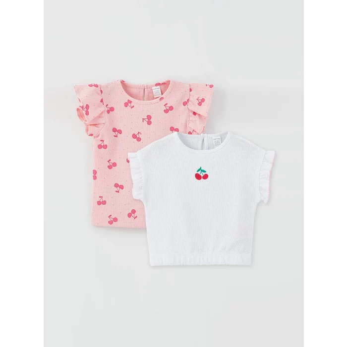 LCW baby Beyaz Bisiklet Yaka Baskılı Kız Bebek Tişört 2li