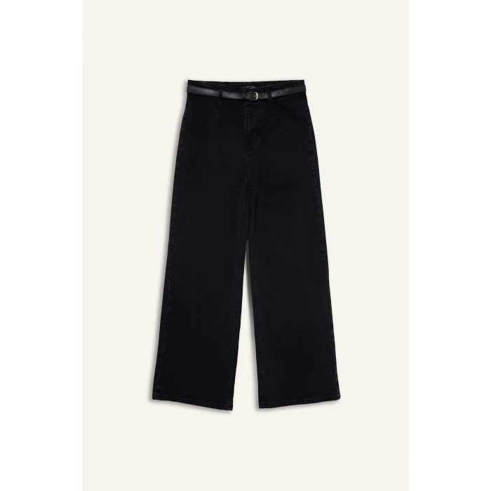 Defacto D5887 Siyah Culotte Yüksek Bel Rahat Kalıp Bilek Boy İspanyol Paça Kemerli Jean Yıkamalı Pantolon