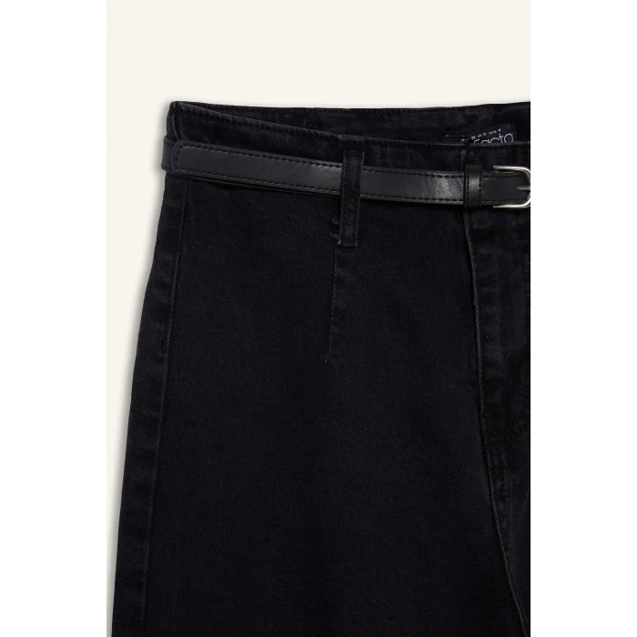 Defacto D5887 Siyah Culotte Yüksek Bel Rahat Kalıp Bilek Boy İspanyol Paça Kemerli Jean Yıkamalı Pantolon