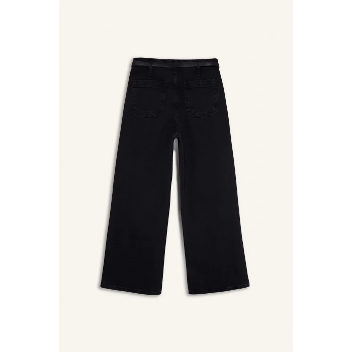 Defacto D5887 Siyah Culotte Yüksek Bel Rahat Kalıp Bilek Boy İspanyol Paça Kemerli Jean Yıkamalı Pantolon