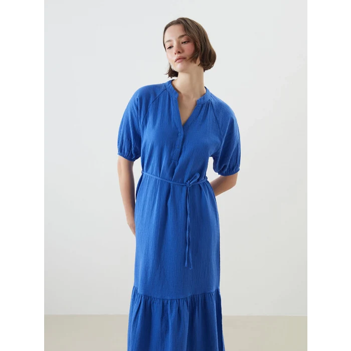 LCWAIKIKI Classic Mavi Kaçık Yaka Müslin Kadın Elbise