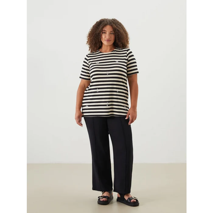 LCW Grace Siyah Bisiklet Yaka Çizgili Kadın Bluz