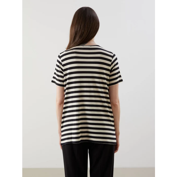 LCW Grace Siyah Bisiklet Yaka Çizgili Kadın Bluz