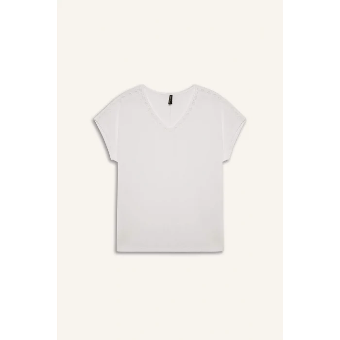 Defacto F2766 Ekru V Yaka Kısa Kollu Tişört